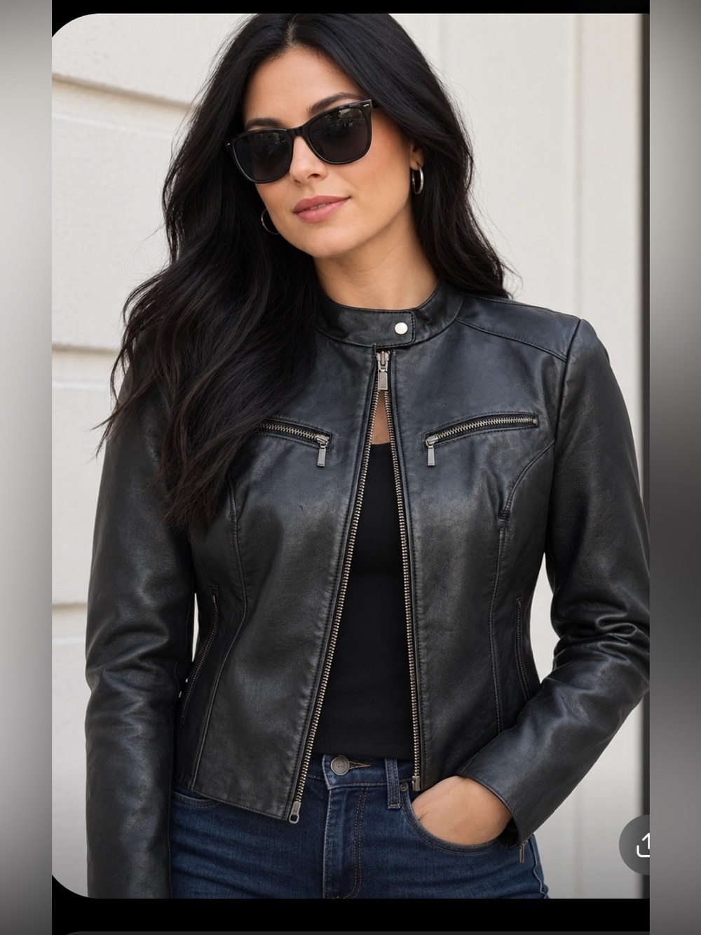 Danier Black Leather Zip-Front Jacket with Snap Collar